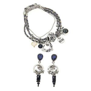Good Work(s) "Amity" Black Silvertone Earrings and 4-Row Bracelet Set